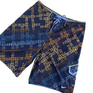 Nike Board Shorts Mens 36 Blue Geometric Swim Trunks Surf Pocket Swoosh Print